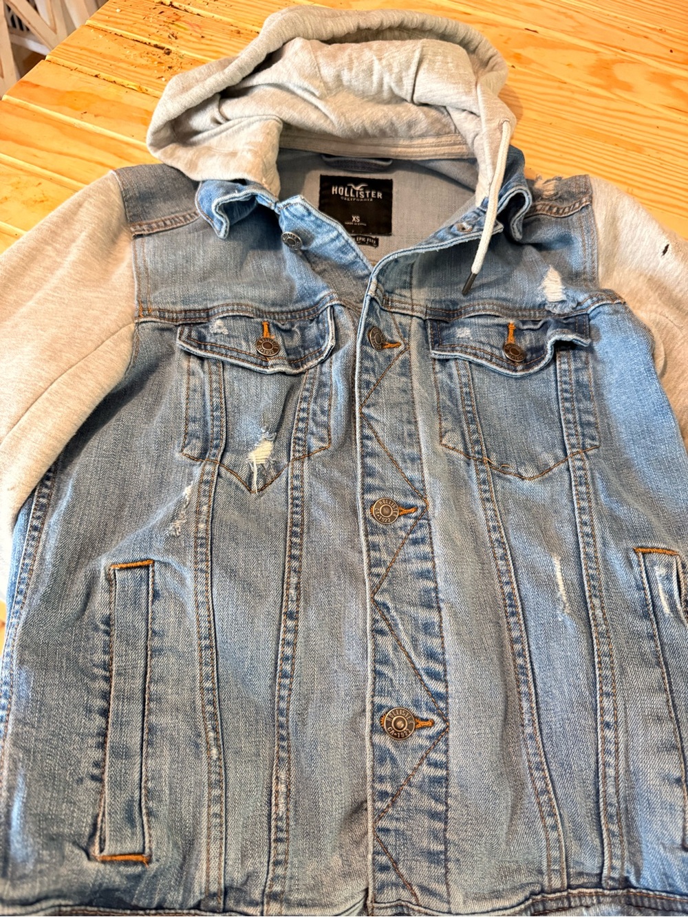 Hollister Light Blue Denim Jacket with Gray Hoodie Sleeves